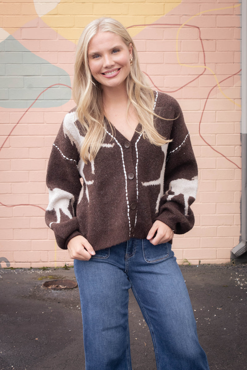 Rebekah Contrast Stitch Horse Cardigan, Brown