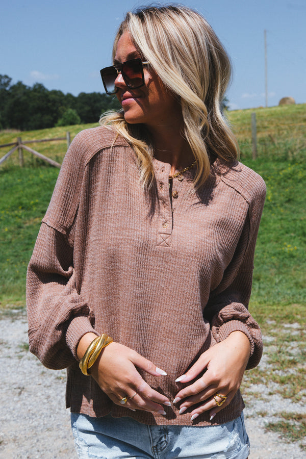 Fireside Knit Henley Top, Brown