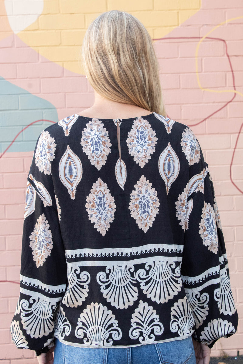 Kehlani Boho Print Blouse, Black Mix