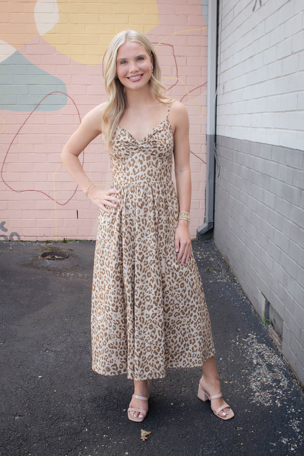 Claire Leopard Print Midi Dress, Taupe