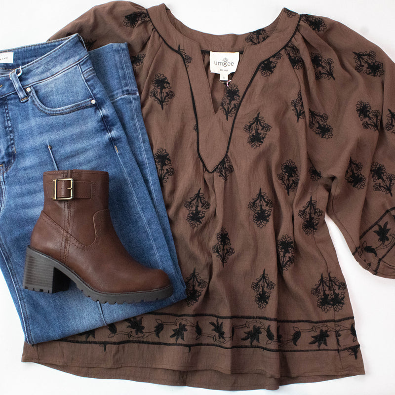 Oakley Floral Embroidered Top, Brown