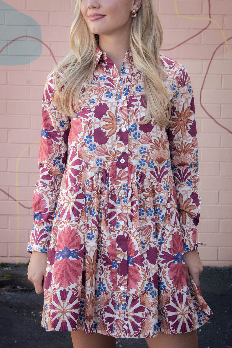 Ciara Collared Button Down Dress, Cream Rust
