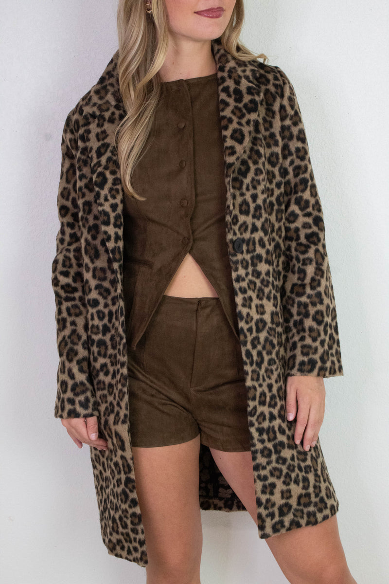 Natalie Leopard Print Long Coat, Brown