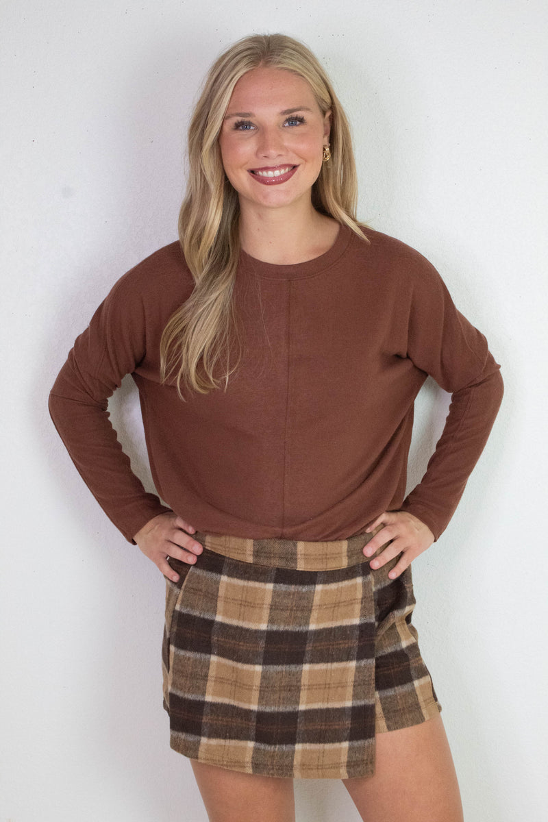 Malaya Wrap Front Plaid Skort, Khaki/Brown