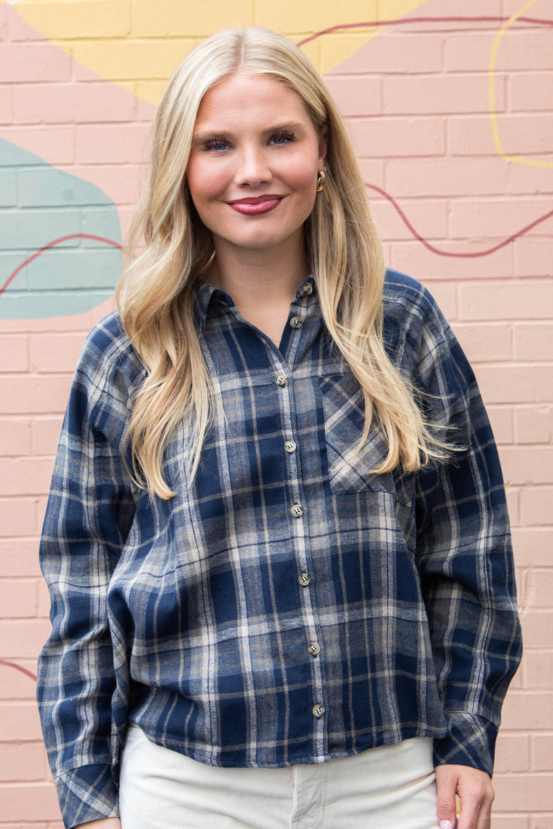 Kamryn Oversized Plaid Shirt, Navy