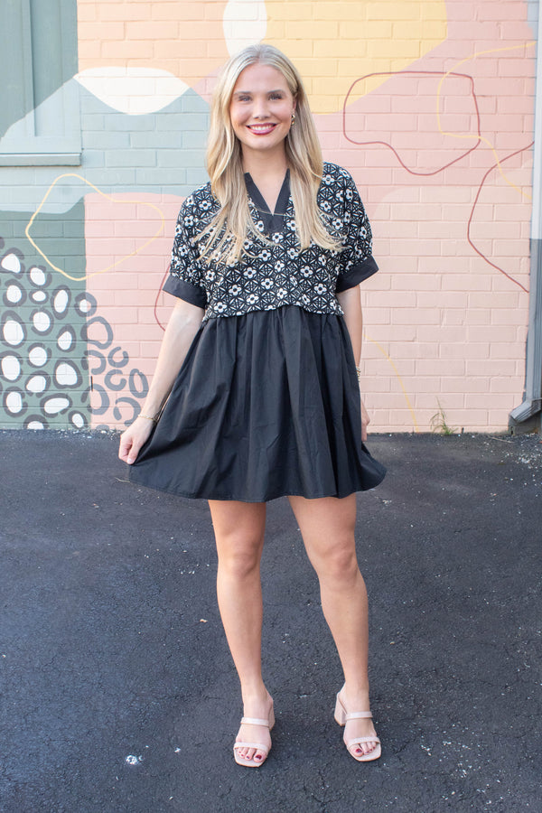 Elliana Mix Media Peplum Dress, Black