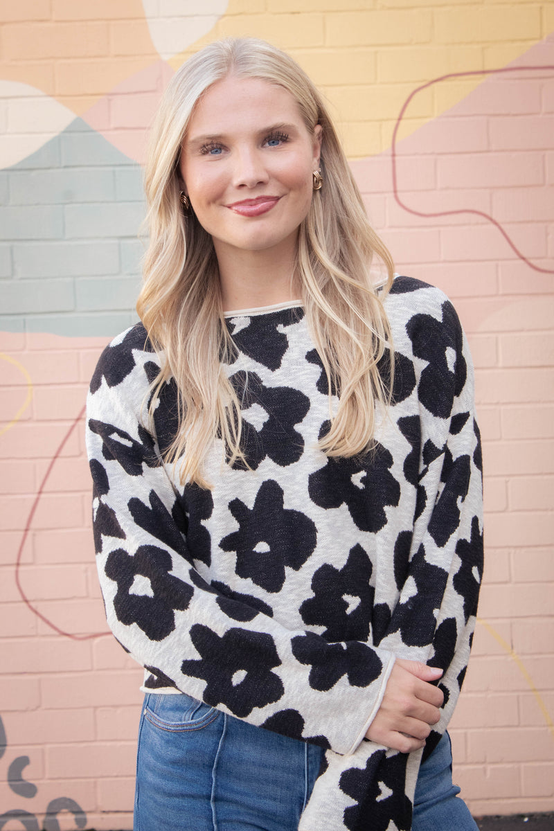 Shiloh Loose Fit Flower Sweater, Black/Oatmeal