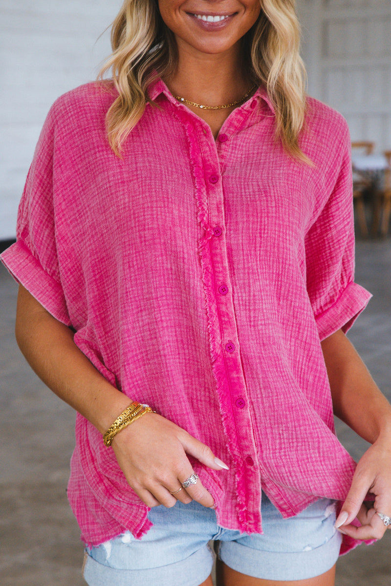 Callin Gauze Button Up, Hot Pink