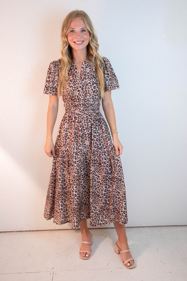 Destiny Split Neck Printed Dress, Mocha
