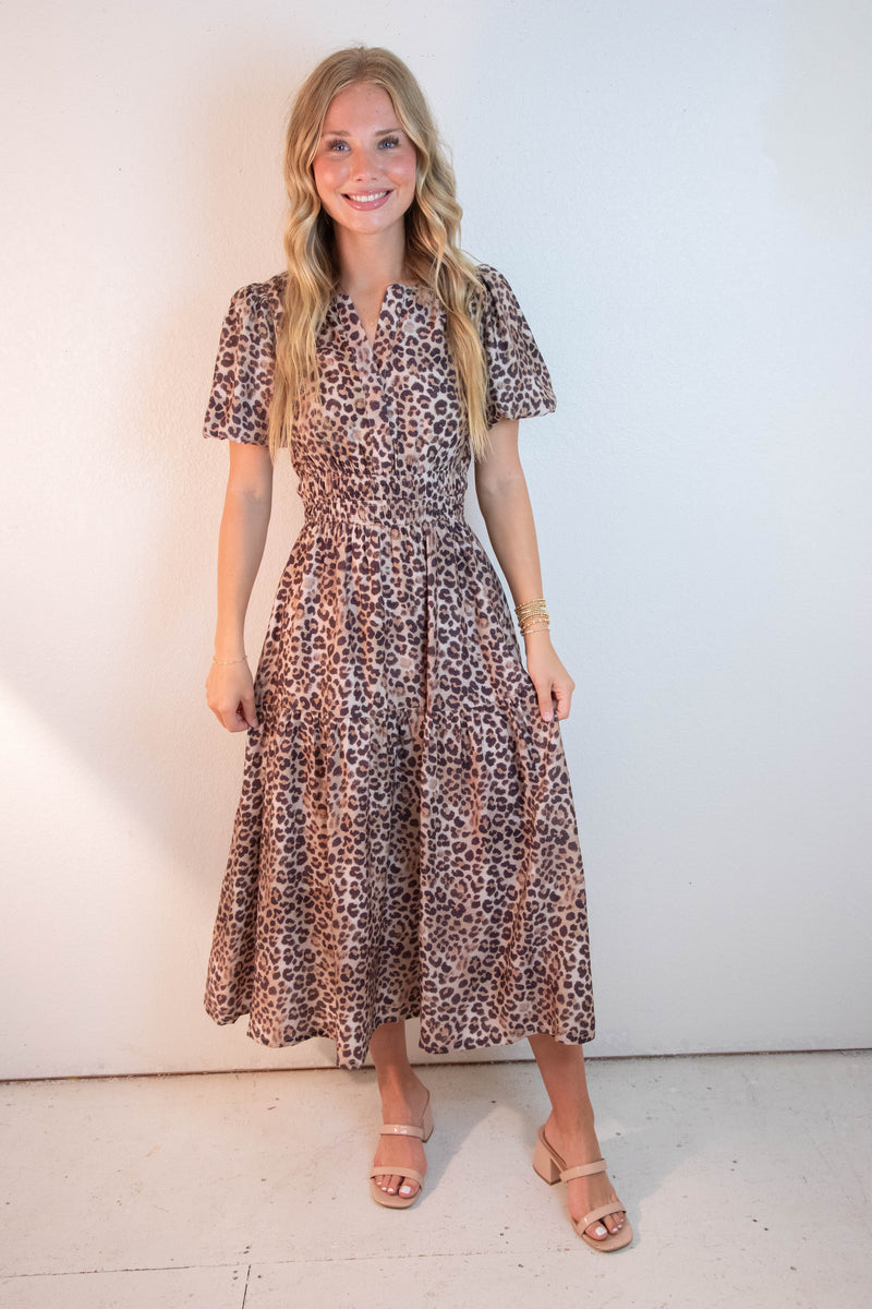Destiny Split Neck Printed Dress, Mocha