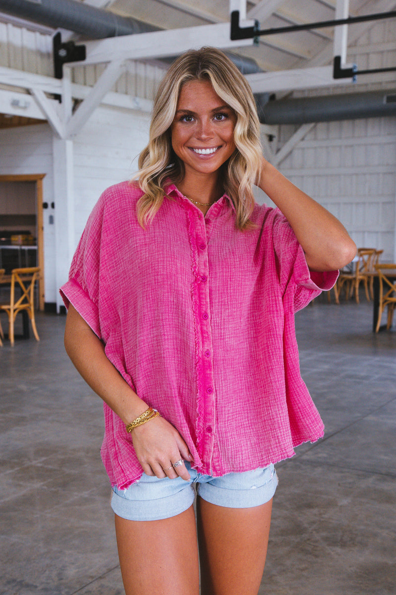 Callin Gauze Button Up, Hot Pink