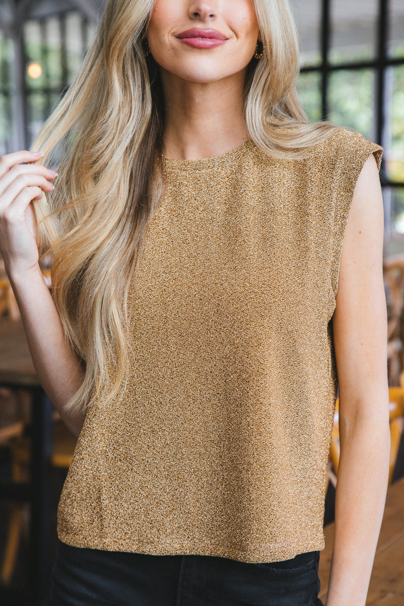 Aspen Sleeveless Metallic Knit Top, Gold