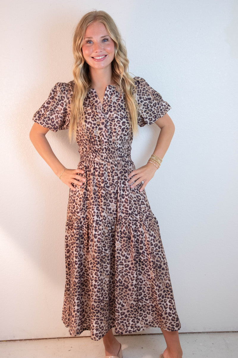 Destiny Split Neck Printed Dress, Mocha