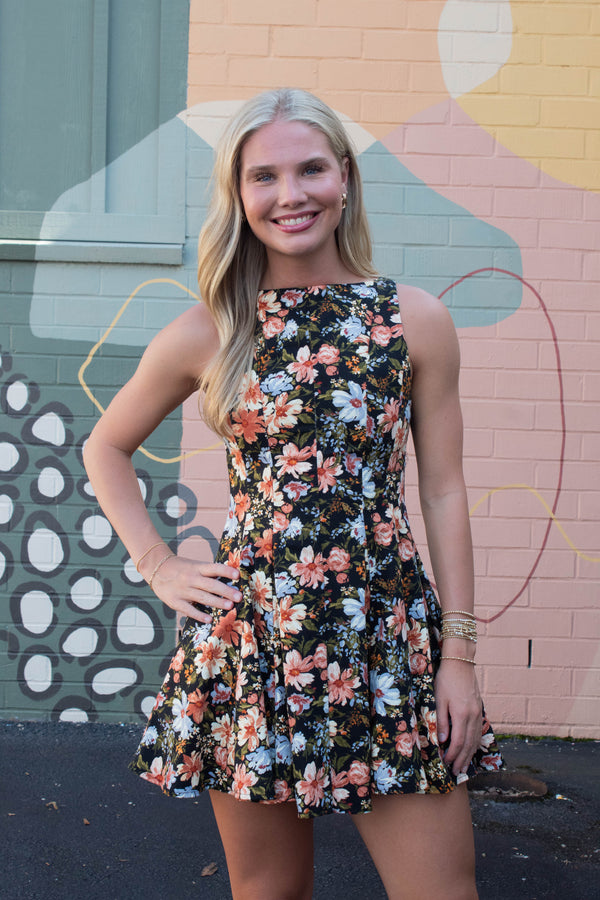 Linda Floral A-Line Denim Dress, Black Multi