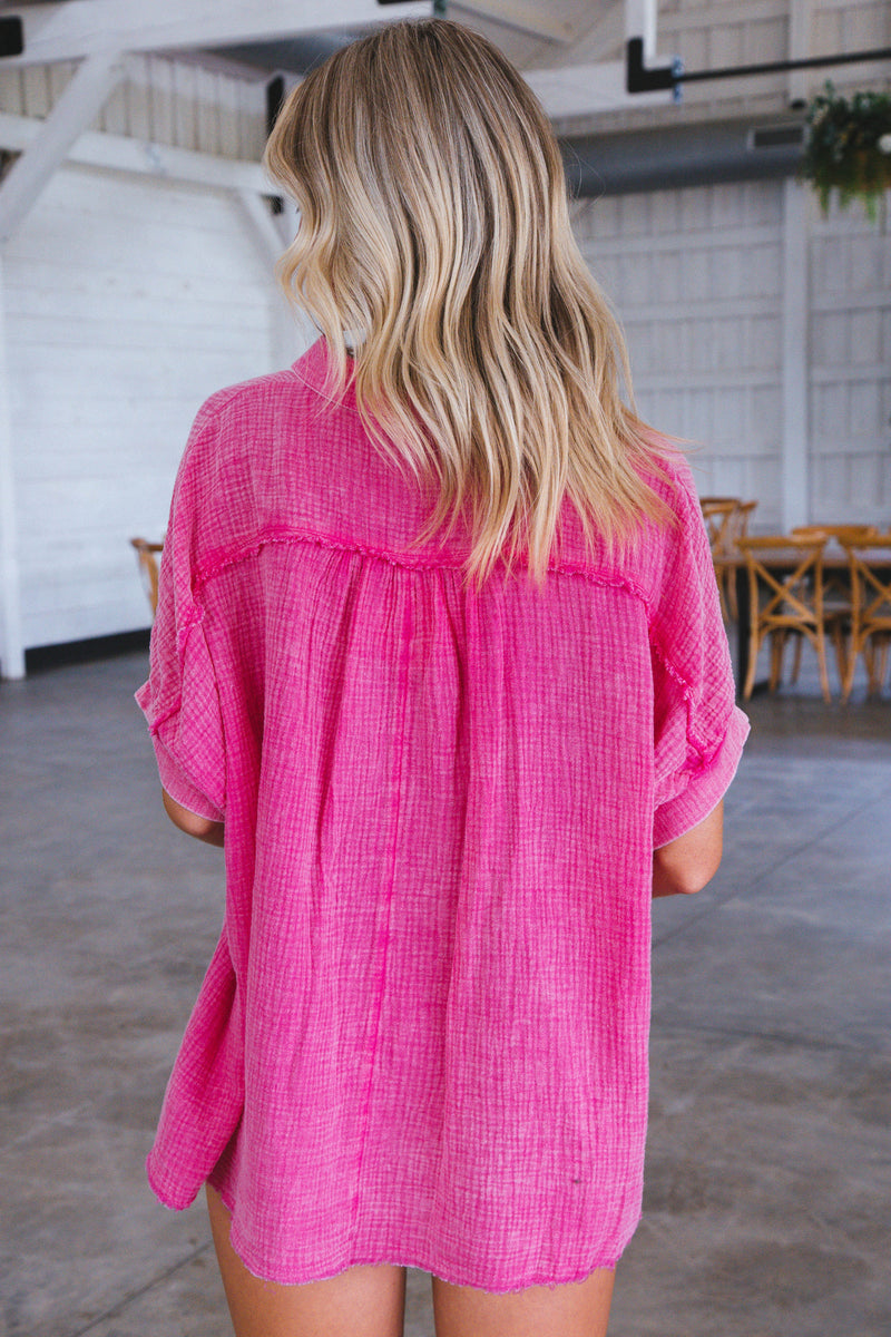 Callin Gauze Button Up, Hot Pink