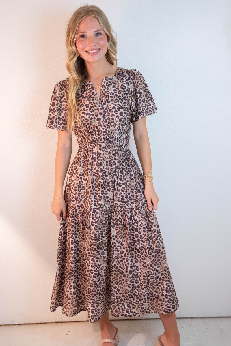 Destiny Split Neck Printed Dress, Mocha