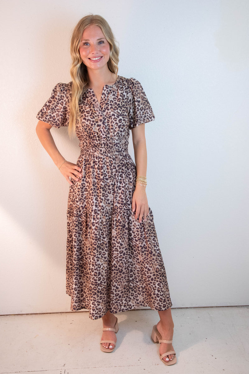 Destiny Split Neck Printed Dress, Mocha