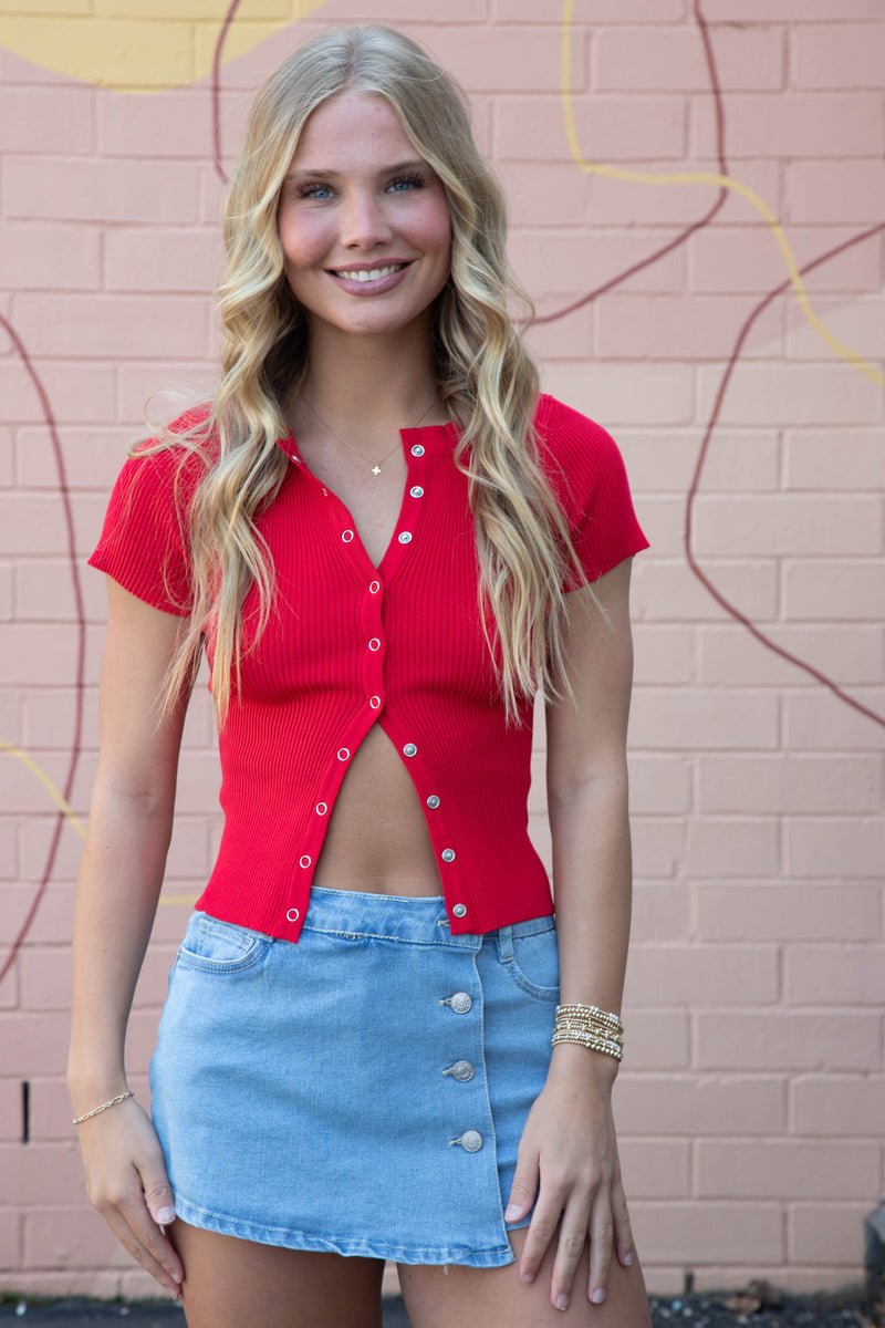 Sofia Button Front Denim Skort, Light Blue