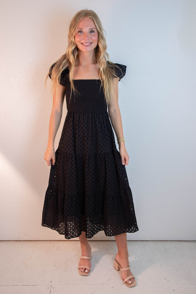 Emmy Eyelet Tiered Midi Dress, Black