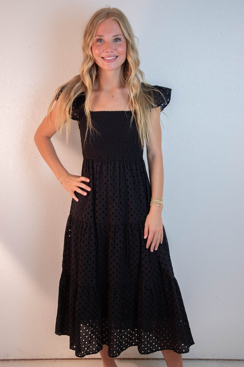 Emmy Eyelet Tiered Midi Dress, Black