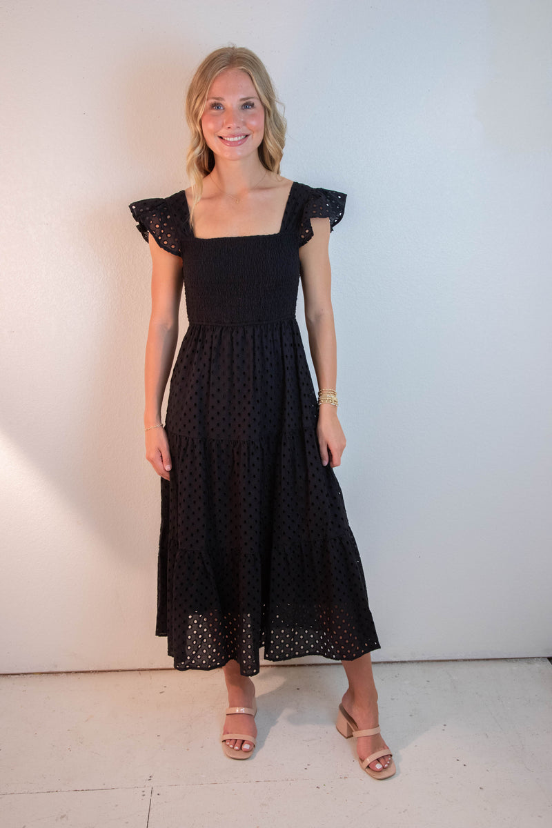 Emmy Eyelet Tiered Midi Dress, Black