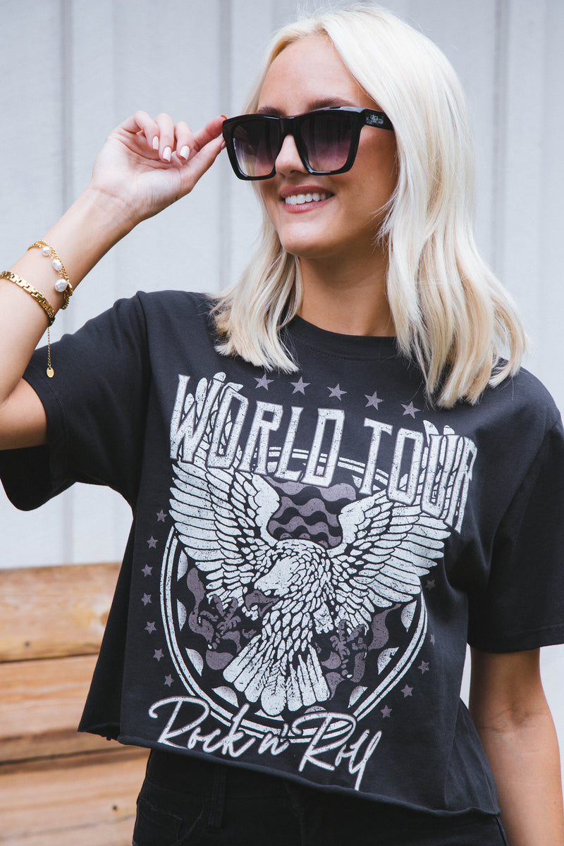 World Tour Cropped Graphic Tee, Black