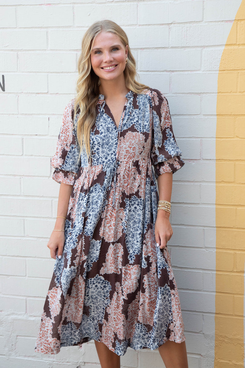 Amaris Paisley Print Midi Dress, Brown