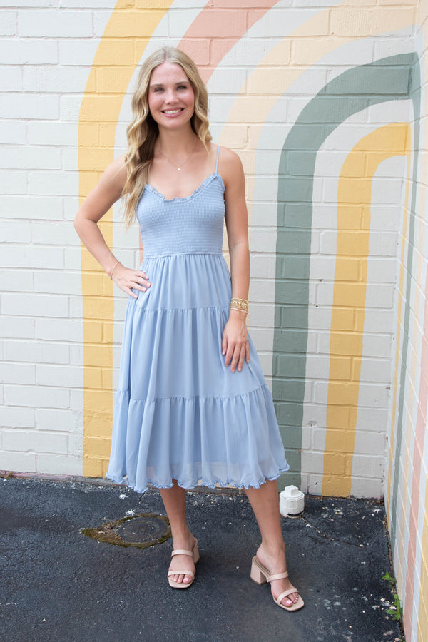 Adrianna Smocked Lettuce Trim Dress, Dusty Blue