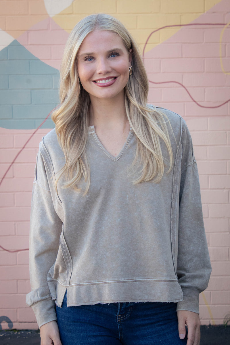 Remy Washed Exposed Seam Knit Top, Tan