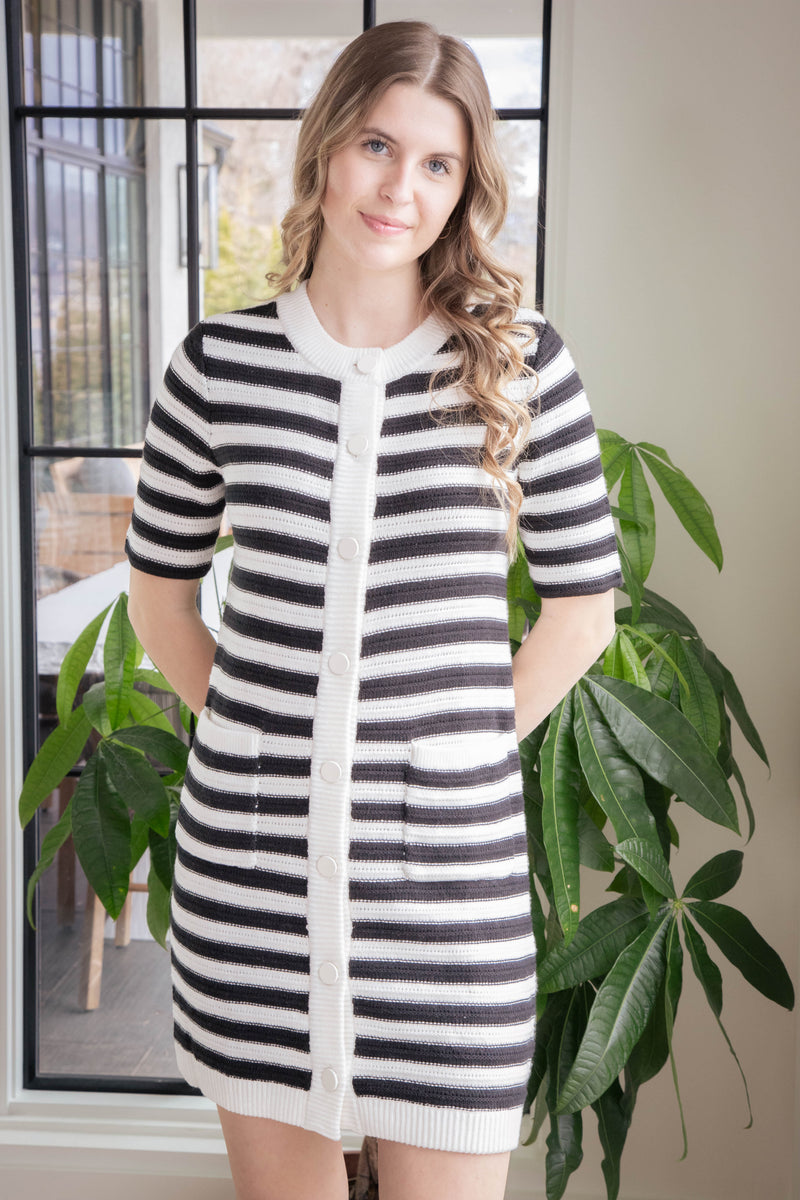 Ayla Button Front Knitted Dress, Chalk/Black | Sanctuary North & Main Clothing Company Ayla Button Front Knitted Dress, Chalk/Black | Sanctuary North & Main Clothing Company
