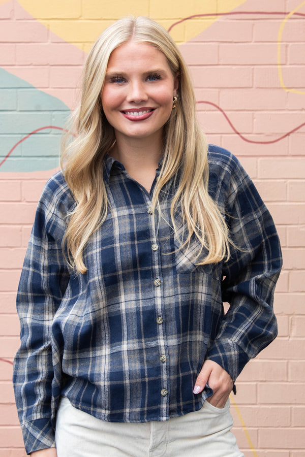 Kamryn Oversized Plaid Shirt, Navy