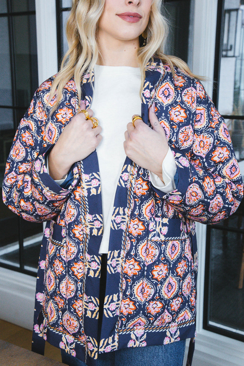 Adley Printed Long Quilted Jacket, Navy Pink