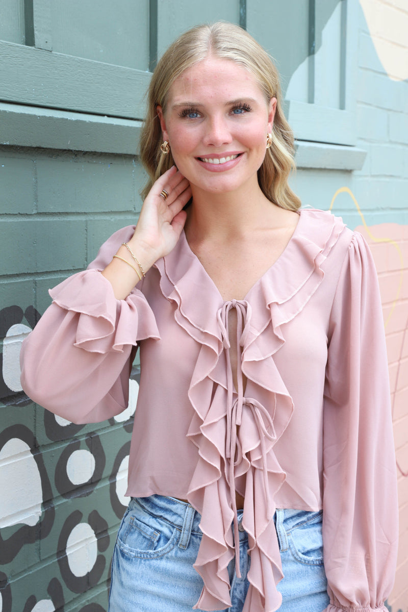 Greer Ruffled Tie Front Blouse, Mauve