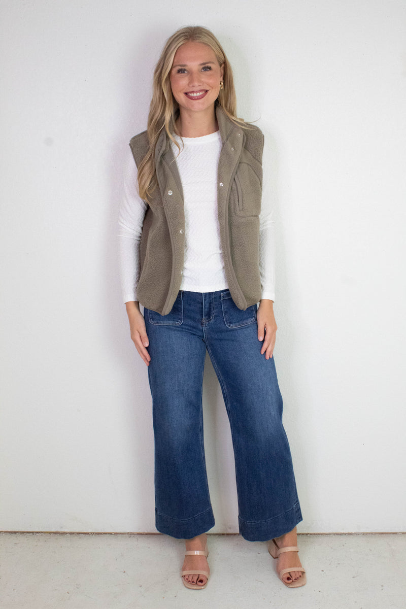Elena Fleece Button Up Vest, Olive