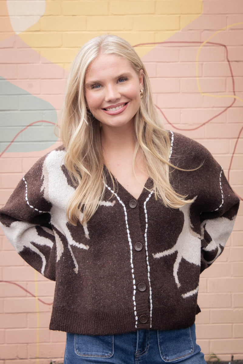 Rebekah Contrast Stitch Horse Cardigan, Brown