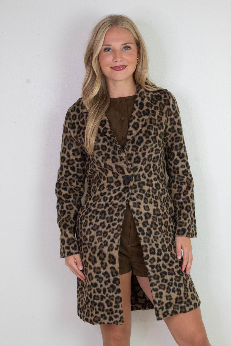 Natalie Leopard Print Long Coat, Brown