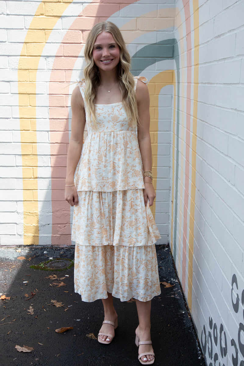 Flora Tie Strap Ruffled Midi Dress, Apricot Multi