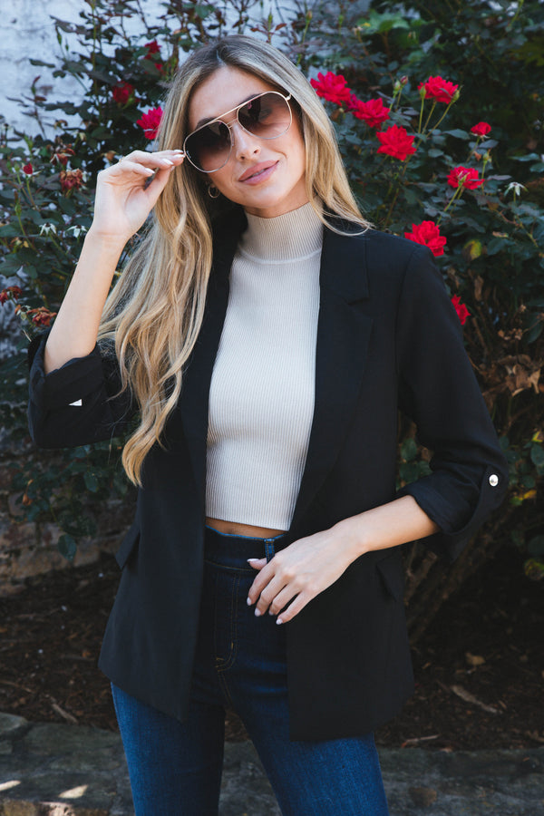 Ava Rolled Sleeve Open Blazer, Black