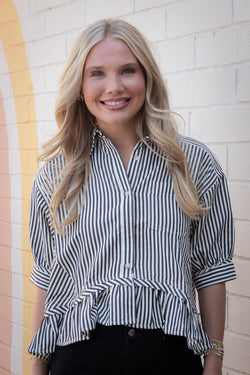 Indie Striped Ruffle Hem Button Up Top, Black