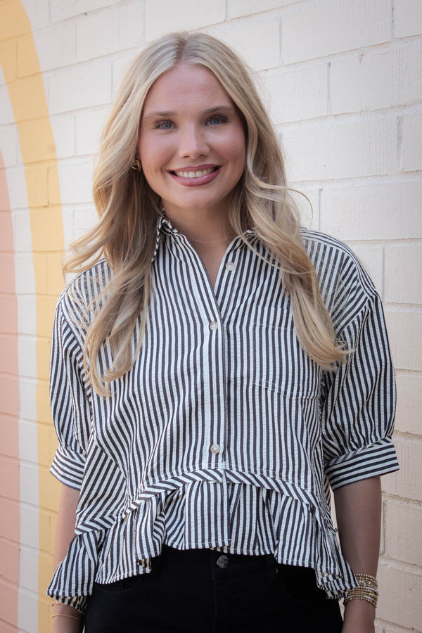 Indie Striped Ruffle Hem Button Up Top, Black