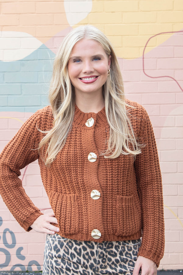 Clara Gold Button Cardigan, Almond