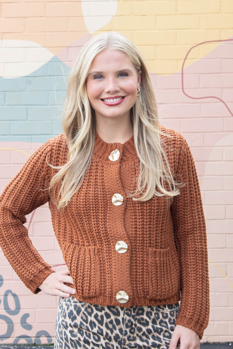 Clara Gold Button Cardigan, Almond