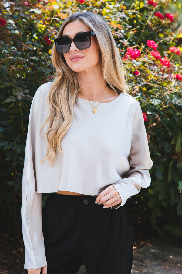 Daydream Cropped Satin Top, Taupe