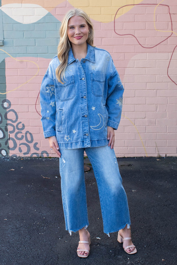 Ashley Embroidered Denim Jacket, Medium Wash