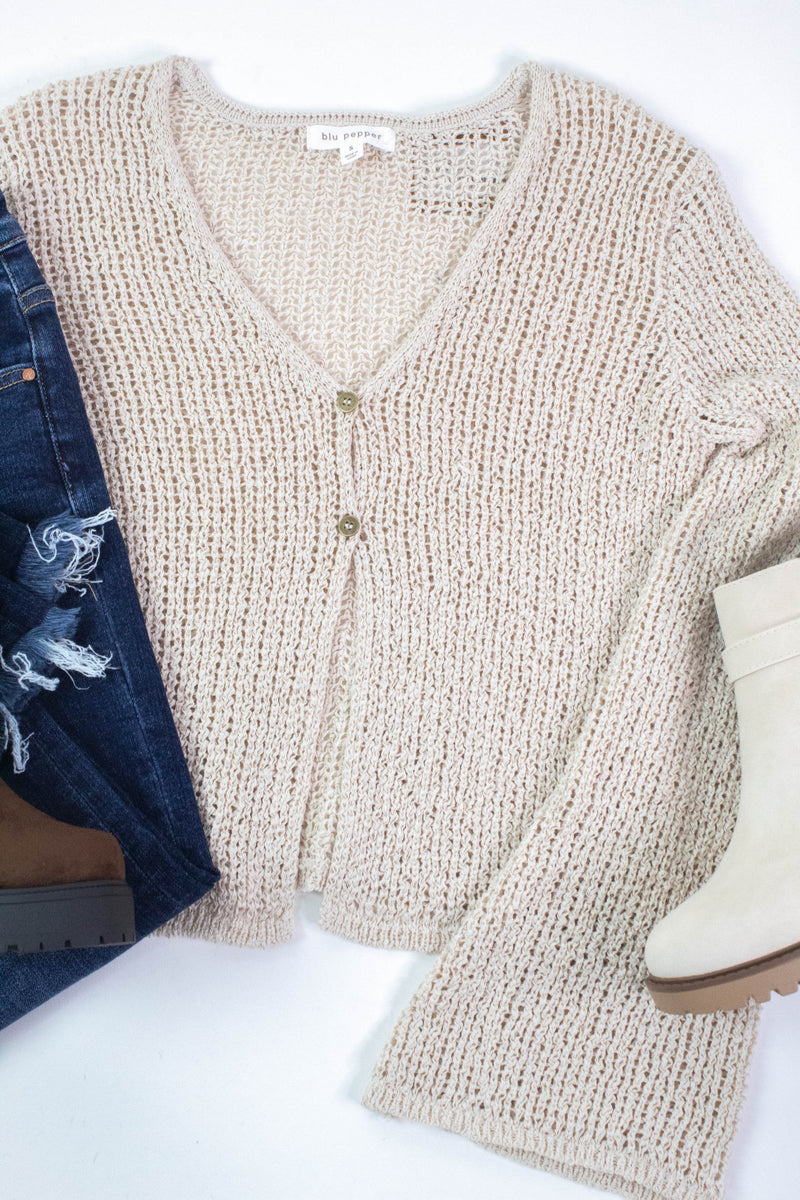 Quinn Bell Sleeve Crocheted Cardigan, Natural