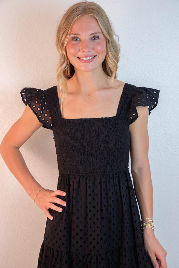 Emmy Eyelet Tiered Midi Dress, Black