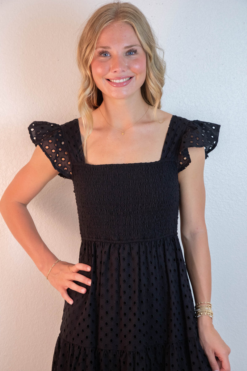 Emmy Eyelet Tiered Midi Dress, Black