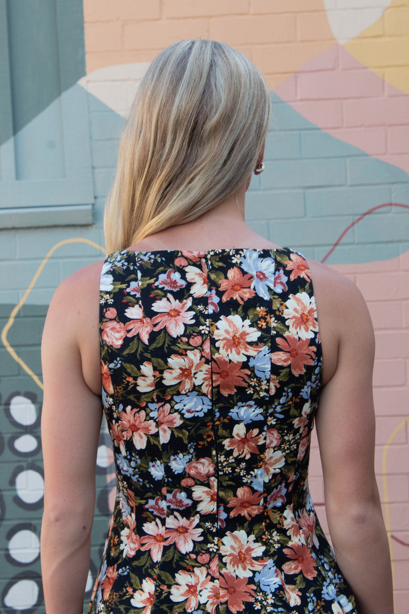 Linda Floral A-Line Denim Dress, Black Multi