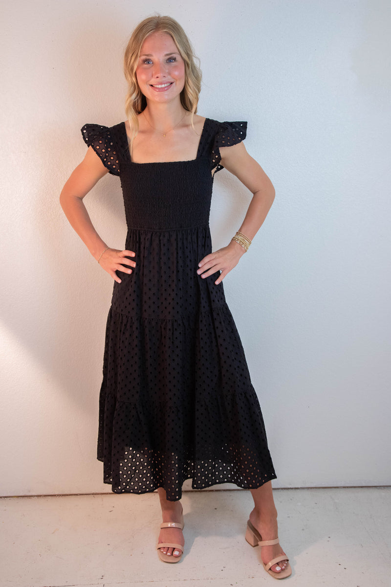 Emmy Eyelet Tiered Midi Dress, Black