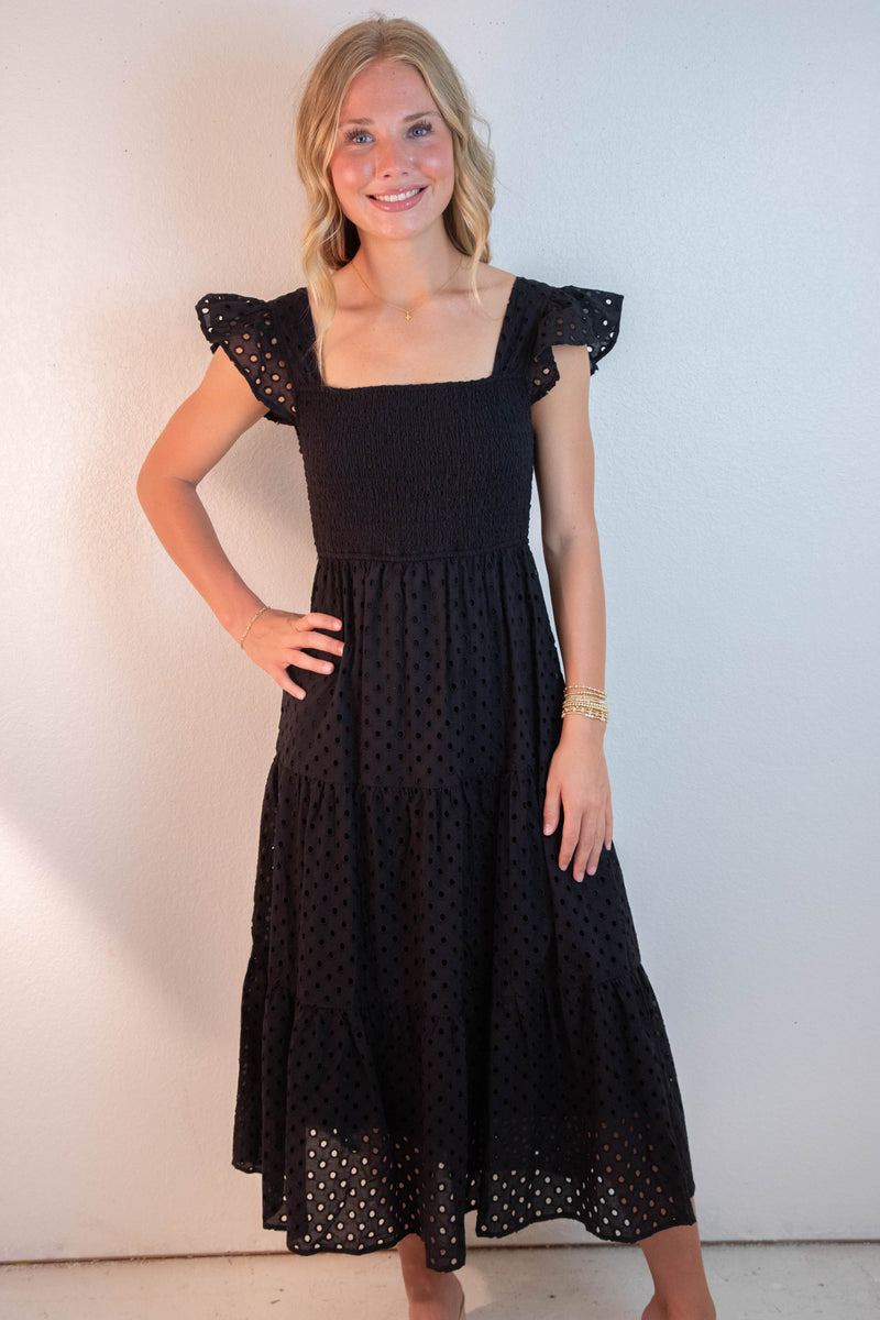 Emmy Eyelet Tiered Midi Dress, Black
